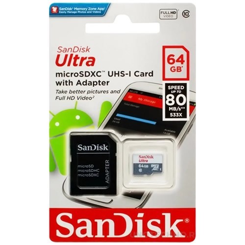 Карта памяти MicroSDXC SanDisk Ultra 64Gb UHS-I (SDSQUNS-064G-GN3MA) EAC 3