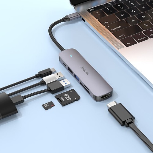 Хаб 6 в 1 HOCO HB28 USB 2.0, 1 USB 3.0, Type-C, Card Reader SD, Micro SD, HDMI Grey (Серый металл) 4