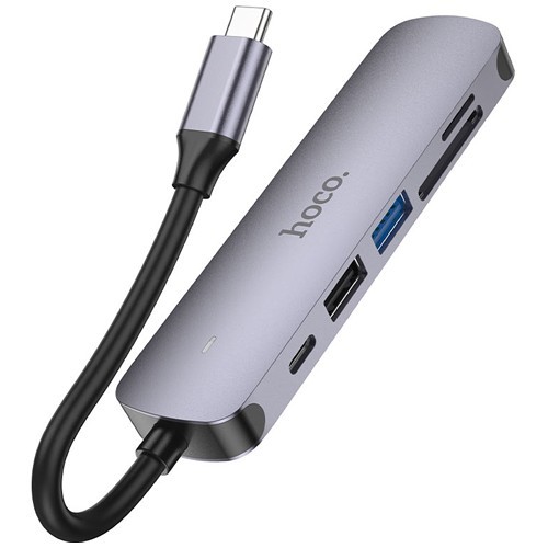 Хаб 6 в 1 HOCO HB28 USB 2.0, 1 USB 3.0, Type-C, Card Reader SD, Micro SD, HDMI Grey (Серый металл) 3