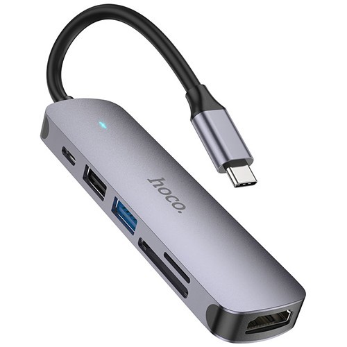 Хаб 6 в 1 HOCO HB28 USB 2.0, 1 USB 3.0, Type-C, Card Reader SD, Micro SD, HDMI Grey (Серый металл) 2