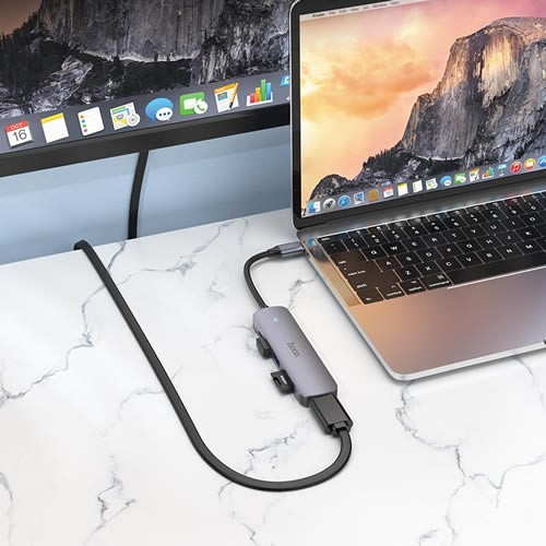 Хаб 6 в 1 HOCO HB28 USB 2.0, 1 USB 3.0, Type-C, Card Reader SD, Micro SD, HDMI Grey (Серый металл) 5